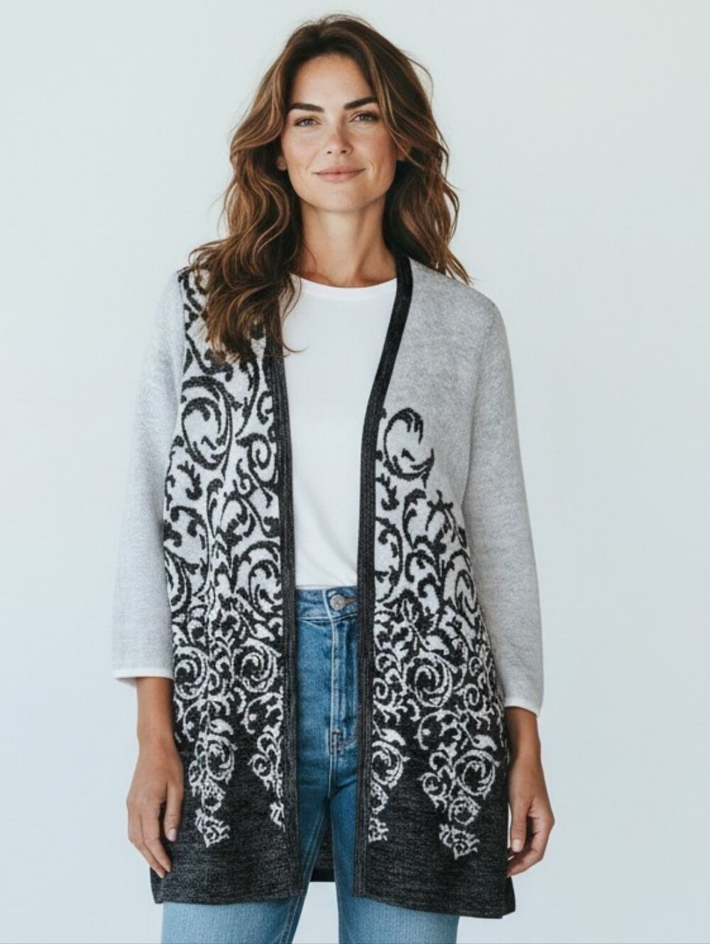 Chico's Cotton Blend Black and White Sparkling  Floral Cardigan